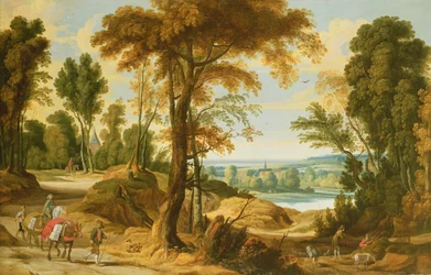 Waldige Flusslandschaft mit Figuren auf einem Weg
